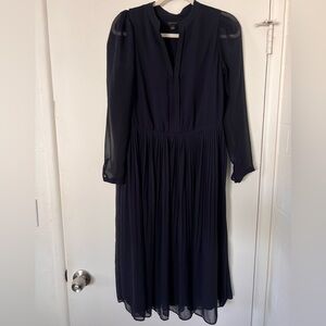 Ann Taylor Navy Pleated Long Sleeve Flare Dress